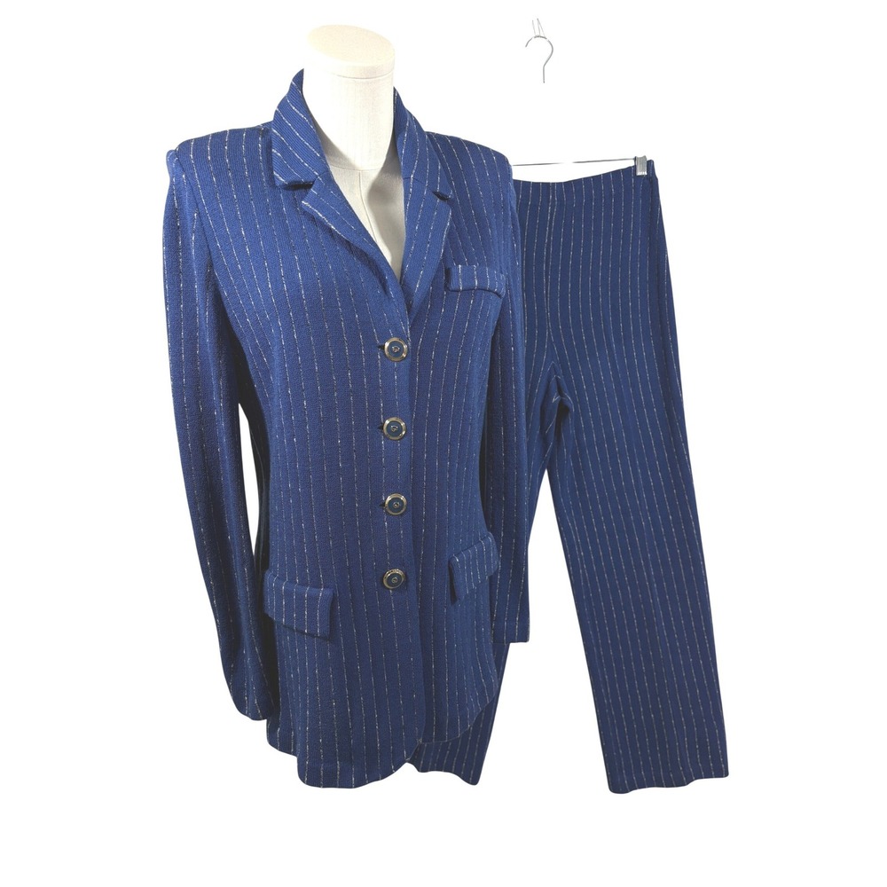 St John Collection Marie Gray Blue Metallic Pinstripe Knit Pant Suit Set Sz 4